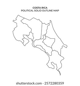 This outline map features the political boundaries of Costa Rica, illustrating the divisions of provinces and regions. It serves as a reference for geographic and administrative purposes.