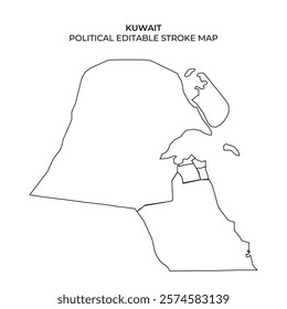 This outline map of Kuwait displays its political boundaries, designed for editing purposes. It provides a clear view of the countrys shape and major divisions, perfect for educational use.