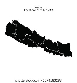 This outline map showcases the political regions of Nepal with clear demarcations of boundaries. The simplified design highlights the geographic structure of the country.