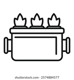 This outline vector icon represents a gas boiler burning with three flames, symbolizing heat and energy