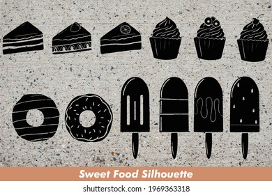Dieses Paket enthält Sweet Food Silhouette. Mit diesen Grafiken können Sie Grußkarten, Karten, Marketing, Poster, Geschenke, Packpapier, Stoff, Wandabdrücke, Planneraufkleber herstellen.