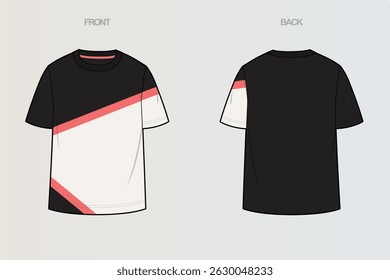This package includes technical drawings of T-shirts, showcasing a variety of styles with cut and sew designs, unique pocket placements, and sleeve construction details for fashion design development