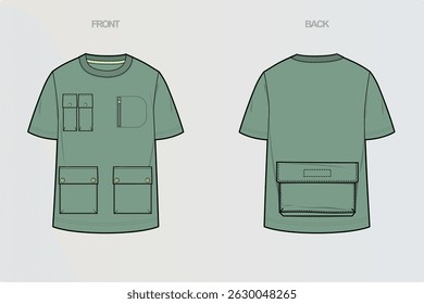 This package includes technical drawings of T-shirts, showcasing a variety of styles with cut and sew designs, unique pocket placements, and sleeve construction details for fashion design development