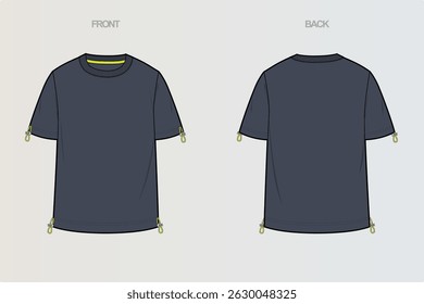 This package includes technical drawings of T-shirts, showcasing a variety of styles with cut and sew designs, unique pocket placements, and sleeve construction details for fashion design development
