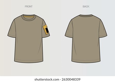 This package includes technical drawings of T-shirts, showcasing a variety of styles with cut and sew designs, unique pocket placements, and sleeve construction details for fashion design development