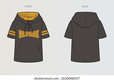 This package includes technical drawings of T-shirts, showcasing a variety of styles with cut and sew designs, unique pocket placements, and sleeve construction details for fashion design development