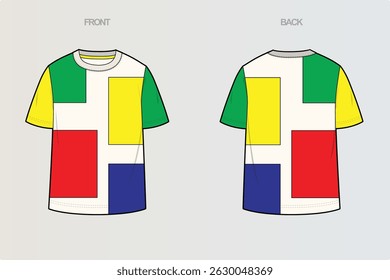 This package includes technical drawings of T-shirts, showcasing a variety of styles with cut and sew designs, unique pocket placements, and sleeve construction details for fashion design development