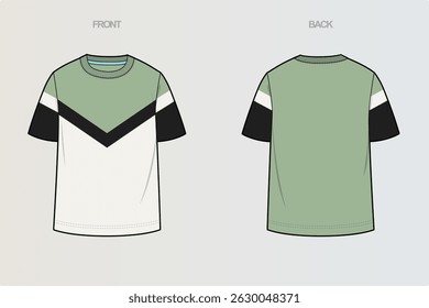 This package includes technical drawings of T-shirts, showcasing a variety of styles with cut and sew designs, unique pocket placements, and sleeve construction details for fashion design development