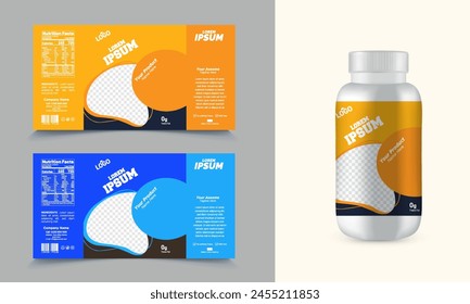 This is a packaging label of a white plastic bottle of pills next to a box containing pills. The bottle and box have an multiple color and label with the headline' on them.