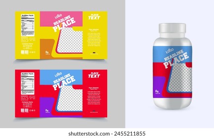 This is a packaging label of a white plastic bottle of pills next to a box containing pills. The bottle and box have an multiple color and label with the headline' on them.