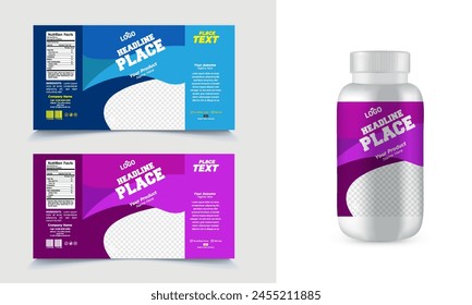 This is a packaging label of a white plastic bottle of pills next to a box containing pills. The bottle and box have an multiple color and label with the headline' on them.