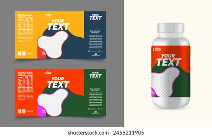 This is a packaging label of a white plastic bottle of pills next to a box containing pills. The bottle and box have an multiple color and label with the headline' on them.
