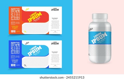 This is a packaging label of a white plastic bottle of pills next to a box containing pills. The bottle and box have an multiple color and label with the headline' on them.