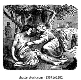 In this painting, A Christ is showering his love to the sick peoples in which two of them holding a cane, vintage line drawing or engraving illustration.