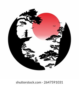 Esta pintura retrata um samurai de pé sobre um topo de montanha, com um céu dramático e uma lua vermelha ao fundo. O samurai está usando uma armadura tradicional (yoroi) e carregando uma espada (katana).