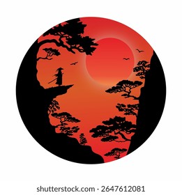 Esta pintura retrata um samurai de pé em um pico de montanha, contra um cenário dramático de um céu, talvez ao amanhecer ou ao anoitecer, que brilha profundamente laranja, vermelho ou carmesim. 