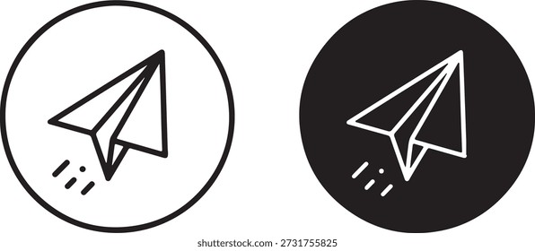 Este par de ícones minimalistas apresenta aviões de papel dentro de círculos, representando conceitos de envio de mensagens, comunicação e entrega rápida.