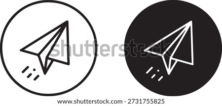 This pair of minimalist icons features paper airplanes within circles, representing concepts of sending messages, communication, and fast delivery.