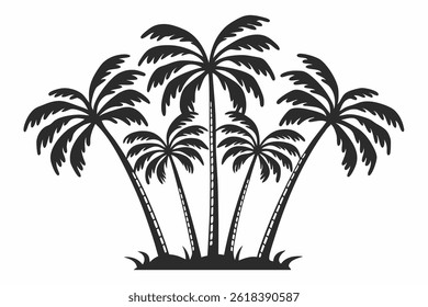 This palm tree silhouette vector illustration features a clean, minimalistic design that captures the iconic shape and tropical feel of a palm tree. Rendered entirely in black, the silhouette is bold 