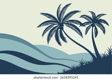 This palm tree silhouette vector illustration features a clean, minimalistic design that captures the iconic shape and tropical feel of a palm tree. Rendered entirely in black, the silhouette is bold 