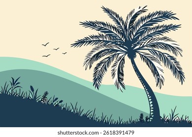 This palm tree silhouette vector illustration features a clean, minimalistic design that captures the iconic shape and tropical feel of a palm tree. Rendered entirely in black, the silhouette is bold 