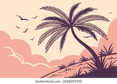 This palm tree silhouette vector illustration features a clean, minimalistic design that captures the iconic shape and tropical feel of a palm tree. Rendered entirely in black, the silhouette is bold 