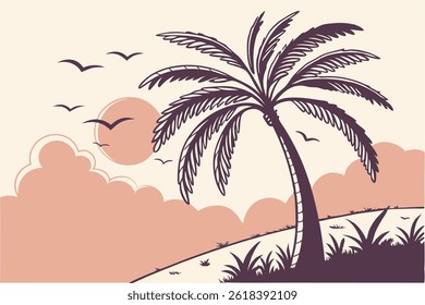 This palm tree silhouette vector illustration features a clean, minimalistic design that captures the iconic shape and tropical feel of a palm tree. Rendered entirely in black, the silhouette is bold 