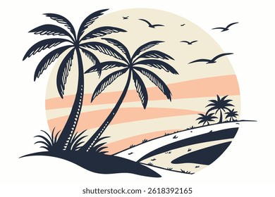 This palm tree silhouette vector illustration features a clean, minimalistic design that captures the iconic shape and tropical feel of a palm tree. Rendered entirely in black, the silhouette is bold 