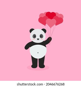 Este es un panda con globos para el día de San Valentín aislado en un fondo rosado.