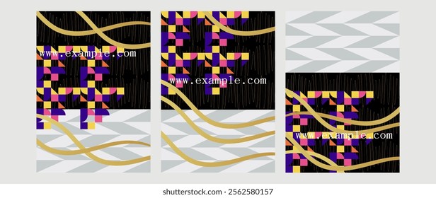 This panel combines elements from the first two. The dark background returns, but now only occupies the top half of the composition. The bottom half features the same chevron pattern from the second p