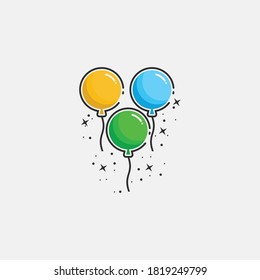 Este es un ícono de globo de fiesta, hay 3 globos en amarillo, verde y azul.