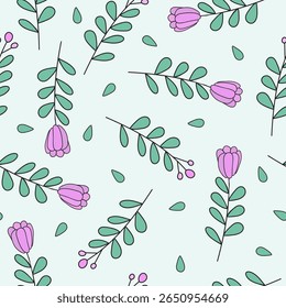 Este padrão botânico pastel apresenta botões roxos macios e rampas folhosas espalhadas playfully através de um fundo pálido. Ideal para scrapbooking, produtos para bebês e impressões da primavera.