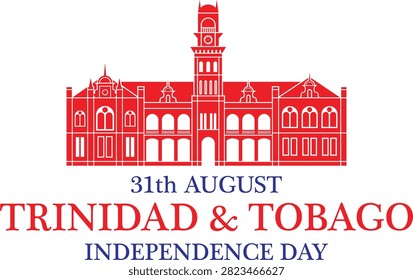 This patriotic vector graphic commemorates the Independence Day of Trinidad and Tobago on the thirty-first of August. The flat minimalist design features a prominent red silhouette illustration of the iconic Red House in Port of Spain, the historic seat of the country's parliament. Accompanying clean typography outlines the national holiday celebration, making this digital asset ideal for Caribbean cultural heritage festivals, national day marketing campaigns, official greeting cards, and tourist information flyers.#TrinidadAndTobago #IndependenceDay #RedHouse #TrinidadTourism #NationalDayBanner #PortOfSpain #PatrioticVector #CaribbeanHeritage