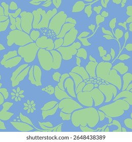 Este padrão consiste de grandes motivos florais verdes sobre um fundo azulado