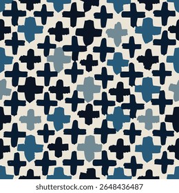 Este padrão consiste de sinais de mais (+) desenhados em diferentes tons de azul, livre e ritmicamente espalhados em um fundo claro