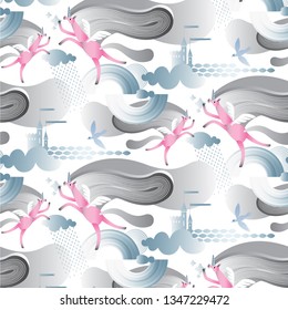 This pattern contains images of a pink unicorn with wings, clouds, a castle, arcs, circles, raindrops, birds, and waves.