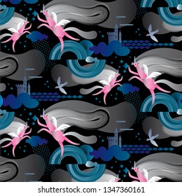 This pattern contains images of a pink unicorn with wings, clouds, a castle, arcs, circles, raindrops, birds, stars and waves.
