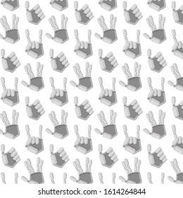 This is pattern with cyber hands: Raised fist with part between middle and ring fingers, Sign of the horns, Trumbs up sign. Vector illustration. Flat design.