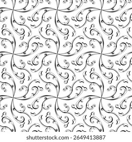 This pattern design features an intricate, repeating arrangement of elegant, swirling floral motifs. The design is composed of symmetrical, ornate scrolls and curves that create a delicate, lace-like 