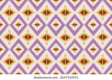 This pattern displays alternating purple and white diamond shapes, each filled with symmetrical golden motifs. The design creates a vibrant, tribal-inspired look with a modern color twist. 