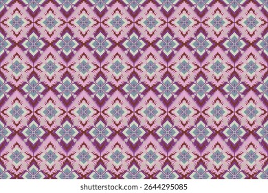 This pattern displays colorful diamond shapes with floral-inspired centers. The soft pink and purple tones combined with light blue accents create a vibrant yet delicate traditional textile look.