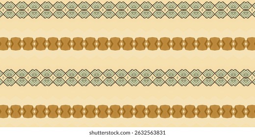 This pattern displays tribal-inspired hand and drum symbols in a harmonious warm palette of caramel, tan, and sage green.