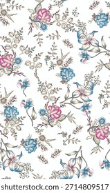 This is a pattern for fabric, fashion, textiles, or wallpaper featuring delicate illustrative flowers in blue, brown, moss green, and pink on an off-white background. 