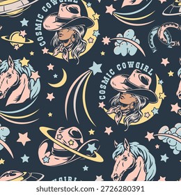 Este padrão apresenta uma cowgirl cósmica cercada por cavalos estrelas planetas e elementos lúdicos. As cores são suaves e sonhadoras, criando um olhar caprichoso.