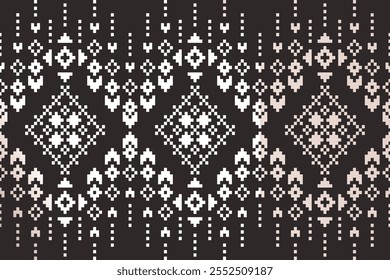 This pattern features a dark background adorned with pixelated geometric designs in purple, green, brown, and white. Symmetrical diamond shapes and floral-like motifs are arranged in a structured layo