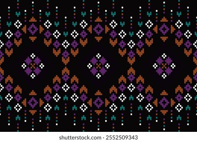 This pattern features a dark background adorned with pixelated geometric designs in purple, green, brown, and white. Symmetrical diamond shapes and floral-like motifs are arranged in a structured layo