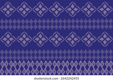 This pattern features diamond and zigzag motifs in rows, inspired by traditional Thai weaving, set against a blue background.