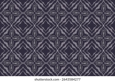 This pattern features geometric diamond shapes intertwined with floral star motifs. The deep indigo background enhances the intricate linework, creating a bold and elegant traditional textile look.