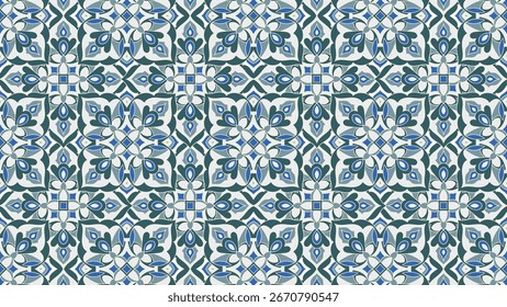 This pattern features intricate shapes in blue, navy, and gray on a soft white background. The symmetrical design blends floral and geometric motifs, creating a classic, calming, and elegant vibe.