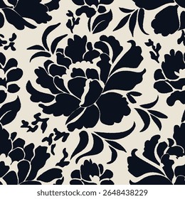 This pattern features large, stylized black floral motifs on a simple cream-toned background